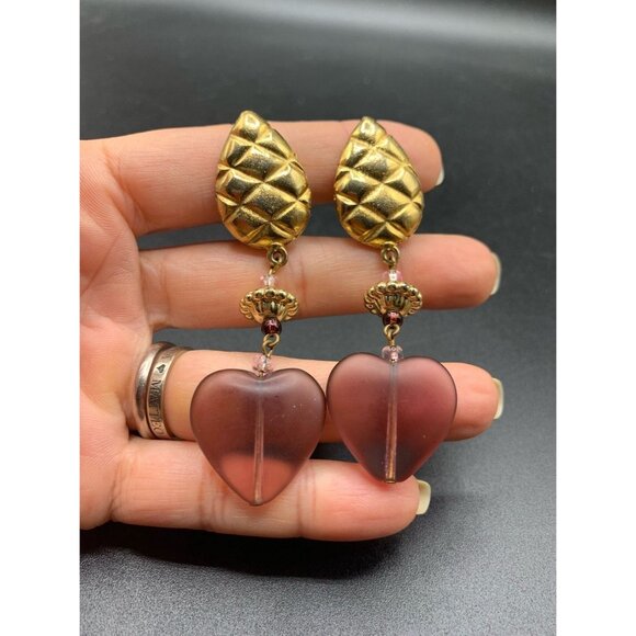 Gold Tone and Frosted Hearts Dangles Clip On Earrings Long Statement Earrings - Picture 4 of 6